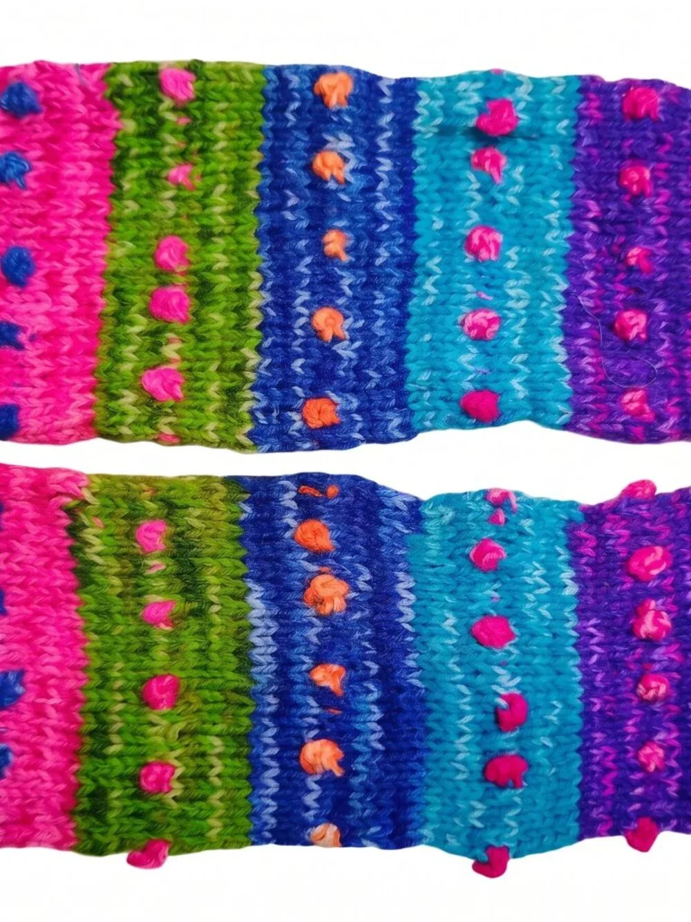 Hand-knitted, multicolored, warm winter leg warmers